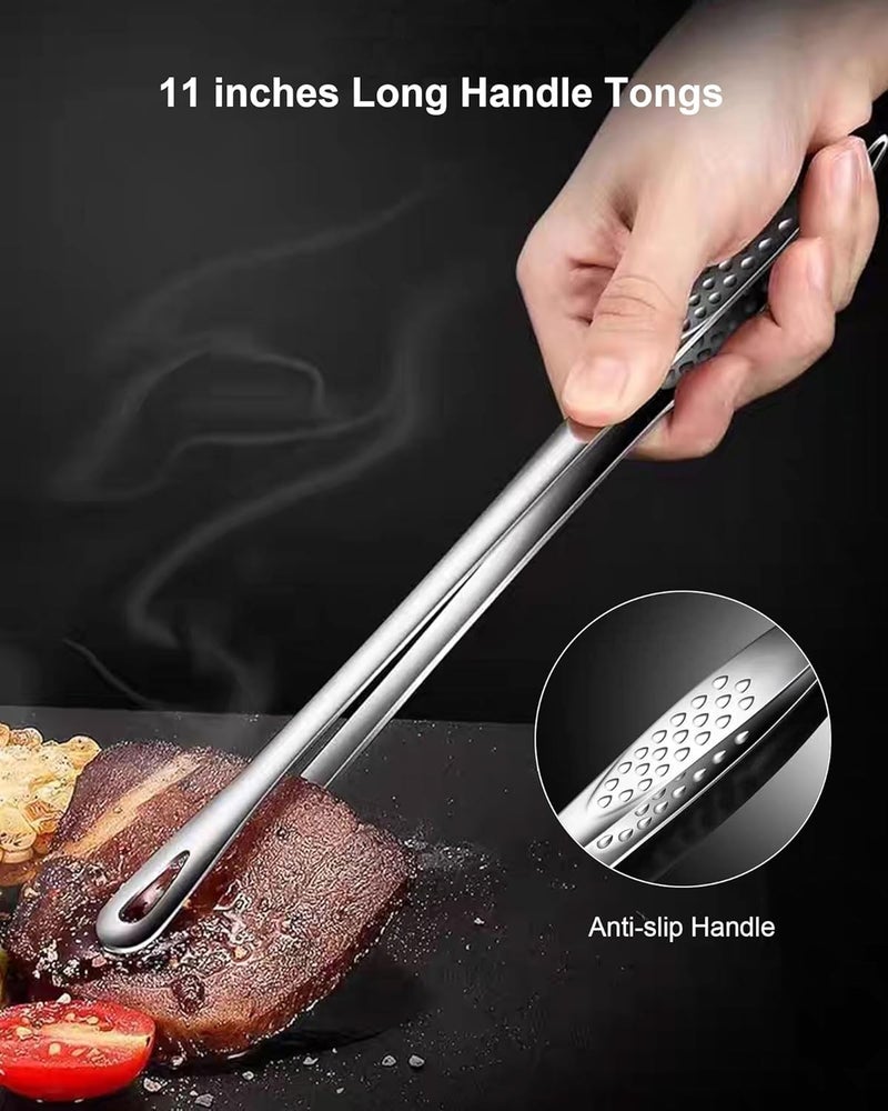 PHOJEWI 2 Pcs 11 Inches Korean BBQ Tongs Stainless Steel Grill Tongs Cooking Tweezers Japanese Barbecue Tong for Kitchen Cooking Salads Pasta Buffet Food Serving - Image 2
